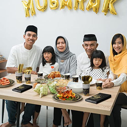 Ramadan Party Supplies Decorations for Home Serve 50, Eid Mubarak Ramadan Black and Gold Plates and Napkins Set, Disposable Paper Plates Napkins Cups Knives Spoons Forks for Ramadan Party Decorations