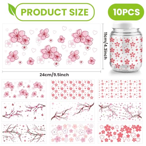 arricraft 10 Sheets Cherry Blossoms UV DTF Wraps for 16OZ Glass, Flowers Butterflies Branchs Rub on Decals PVC Transfer Stickers for DIY Cups Bottles Funiture Wood Garden Crafts Women - style: Cherry Blossoms