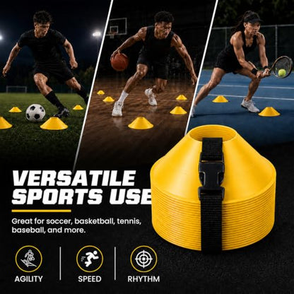 American Challenge Large Disc Cones – Set of 6 Agility Cones for Sports Training – Compact Soccer Cones with Carry Strap for Drills & Practice - color: Yellow