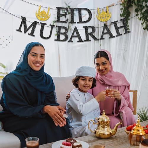 Eid Mubarak Banner - Happy Eid Decor, Ramadan Mubarak Decor, Muslim Islamic Eids Festival Party Decorations Gold Glitter