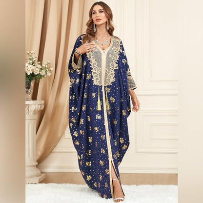 Embroidered Abaya Kaftans for Women Modern Elegant Dubai Moroccan Dubai Kaftan Dresses Abaya for Women Muslim Dress - color: Navy Blue