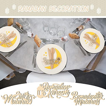 24 Pieces Eid Mubarak Plate Setting Hanging Wooden Word Eid Wood Sign Kareem Moon Star Ramadan Decorations Islamic Table Decor for Al Adha Muslim Home Pendant Wall Party Ornaments