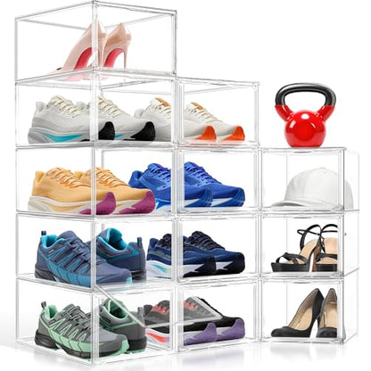 Clear Acrylic Shoe Boxes Organizer, Fits Men’s 12, Crystal Clear 1 Pack | Extra-Thick Reinforced Stackable Shoe Storage with Magnetic Door, Foldable Dust-Proof Display Cases for Closet & Entryway - size: Medium
