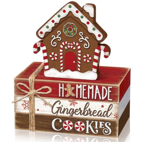 Geelin 4 Pcs Christmas Tiered Tray Decor Wooden Book Stack Signs, Gingerbread Christmas House Table Decor, Farmhouse Rustic Centerpieces for Shelf Coffee Bar Office Desk Decorations - style: Christmas Gingerbread House
