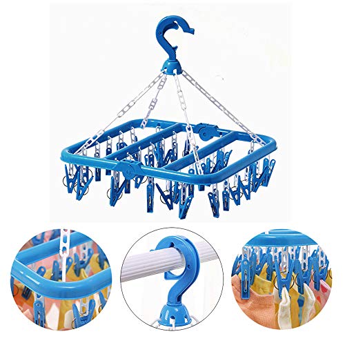 SteelFever Clothes Drying Hanger with 32 Clips, Foldable Hanging Drying Rack for Clothes Underwear Socks (Blue) - color: Blue