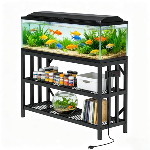 55-75 Gallon Fish Tank Stand with Power Outlet, Heavy Duty Metal Aquarium Stand, 3-Tier Adjustable Storage Shelf for Home and Office, 1000LBS Capacity, Black (Tank not Included) - size: 55-75 Gallon with Power Outlet