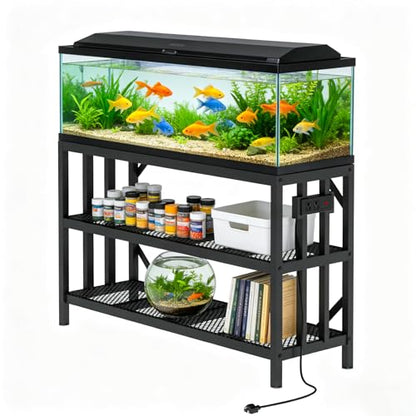 55-75 Gallon Fish Tank Stand with Power Outlet, Heavy Duty Metal Aquarium Stand, 3-Tier Adjustable Storage Shelf for Home and Office, 1000LBS Capacity, Black (Tank not Included) - size: 55-75 Gallon with Power Outlet