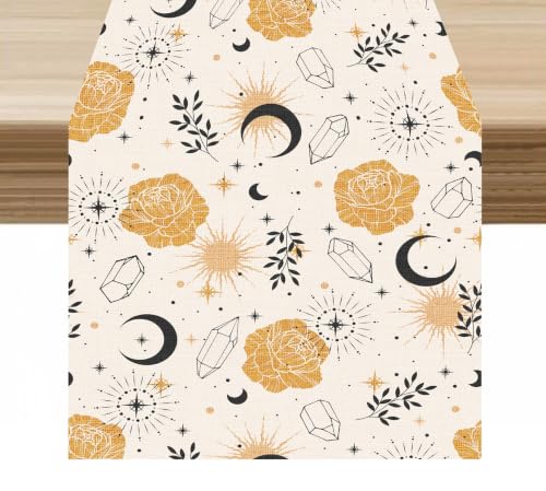 Moon Table Runner Boho Plants Stars Pattern Decor for Indoor Outdoor Party Dinner Festival Farmhouse Holiday Home Kitchen Dining Room, 13x36in - color: Moon-beige2, size: 13x36in
