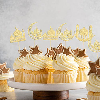 24 Pack Eid Mubarak Cupcake Toppers Glitter Star Ramadan Kareem Cupcake Pick Moon Star Eid Islamic Muslim Theme Party Cake Decoration Supplies Gold - color: Gold