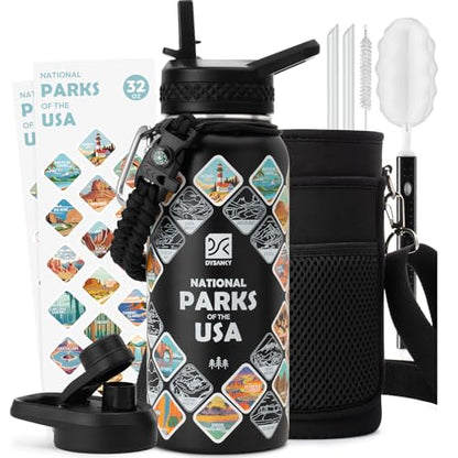 DYSANKY National Parks Water Bottle – 32 oz Insulated Stainless Steel Bottle with 63 Hand-Drawn Park Stickers, Carrier Bag, Strap & Gift Box – BPA-Free – Ideal for Hiking, Camping & Travel - color: Advanced Black Park, size: 32 Ounces