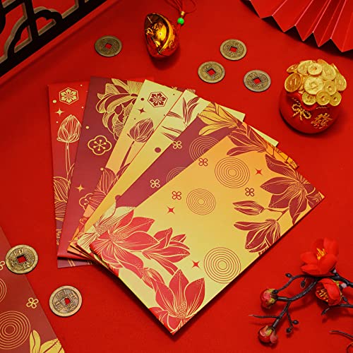AnyDesign 48 Pcs Chinese New Year Red Envelopes 6 Designs Red Gold Hong Bao Lotus Peony Floral Lucky Money Pocket for Lunar New Year Spring Festival Wedding Birthday Party Supplies, Non-Foil Printing