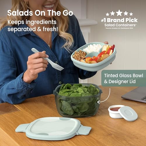 Bentgo Glass Prints Salad Container - 7.6-Cup Tinted Glass Salad Bowl with Airtight Lid, Leak-Proof Sauce Container, 4-Compartment Bento Meal Prep Tray & Reusable Fork (Mod Curve - Serene Green) - color: Mod Curve - Serene Green