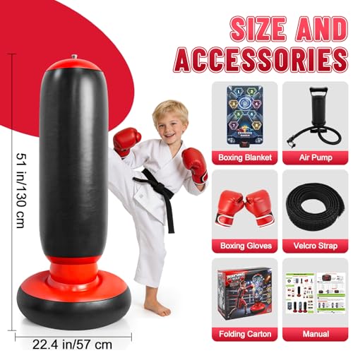 Kids Punching Bag with Gloves, Inflatable Boxing Set with Scoring, Lights & Music, 4 Game Modes, Freestanding Electronic Boxing Bag, Interactive Training Set Birthday Gift for Boys Girls Ages 4-12