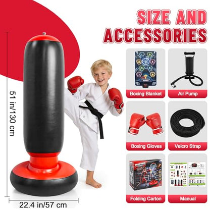 Kids Punching Bag with Gloves, Inflatable Boxing Set with Scoring, Lights & Music, 4 Game Modes, Freestanding Electronic Boxing Bag, Interactive Training Set Birthday Gift for Boys Girls Ages 4-12