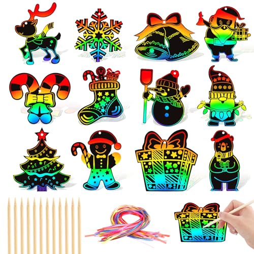 FEBSNOW Christmas Crafts for Kids, Magic Rainbow Scratch Art Paper Cards Tree Hanging Ornaments Christmas Gifts for Kids Holiday Party Favors Games - style: Christmas