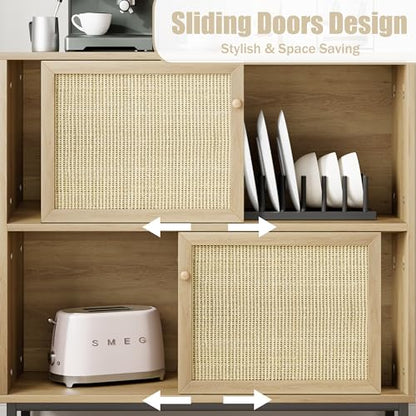 IDEALHOUSE Coffee Bar Cabinet, Rattan Buffet Cabinet with Storage, Wood Sideboard Cabinet with Sliding Door, Accent Cabinet for Kitchen, Dining Room, Living Room, Entryway, Natural Oak - color: Natural Oak…
