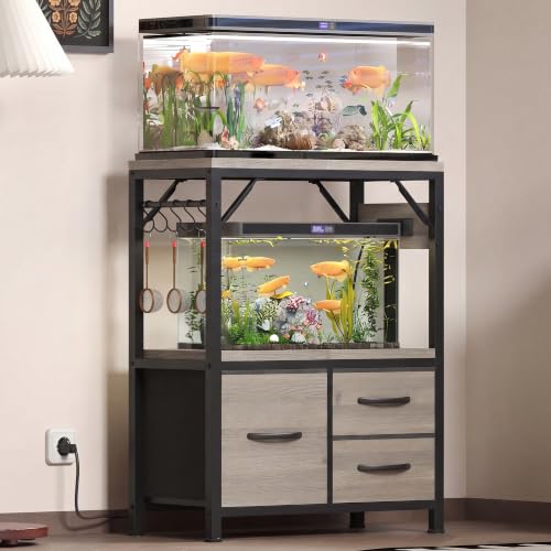Heybly 5-10 Gallon Fish Tank Stand, Aquarium Stand with Drawer, Power Outlet, Heavy Duty Metal Frame, for Fish Tank, Turtle & Reptile Terrarium, 20.5" × 10.2" Top, 200lbs, Rustic Gray HAS002SSG-1 - color: Greige, size: 5-10 gal