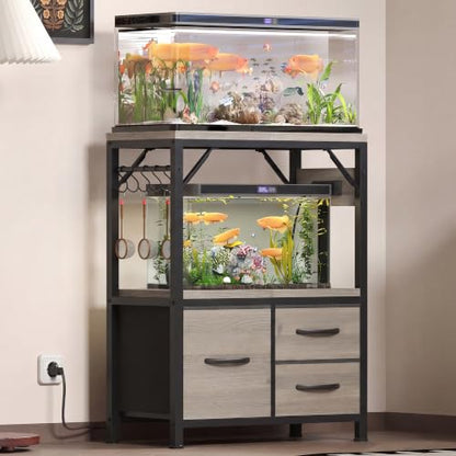 Heybly 5-10 Gallon Fish Tank Stand, Aquarium Stand with Drawer, Power Outlet, Heavy Duty Metal Frame, for Fish Tank, Turtle & Reptile Terrarium, 20.5" × 10.2" Top, 200lbs, Rustic Gray HAS002SSG-1 - color: Greige, size: 5-10 gal