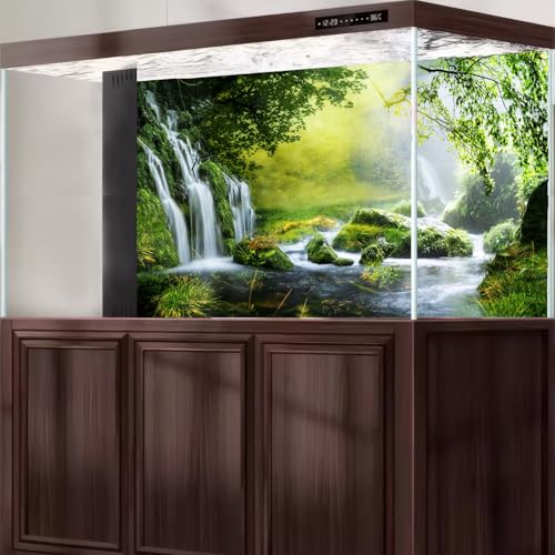 Waterfall Aquarium Background Majestic Jungle Rainforest Scenery Fish Tank Background Majestic Cascading Waterfalls Terrarium Backgrounds Idyllic Scenic Tranquil Lake Reptile Tank Backgrounds 24x16in - color: Foggy Green, size: 24(W)x16(H)in