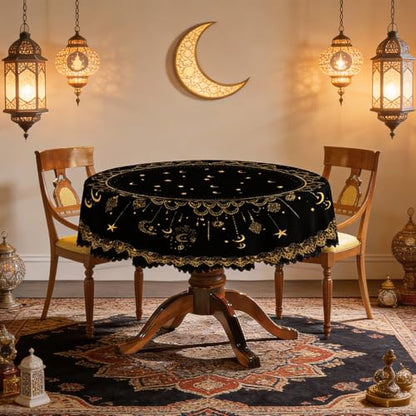 Black and Gold Lace Tablecloth for Ramadan - Round Elegant Table Cover with Star and Crescent Moon Design, Classic Home Dining Table Decor for Everyday Use