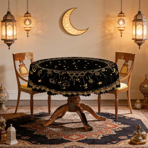 Black and Gold Lace Tablecloth for Ramadan - Round Elegant Table Cover with Star and Crescent Moon Design, Classic Home Dining Table Decor for Everyday Use