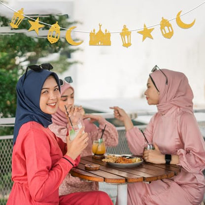 Eid Mubarak Banner, Eid Mubarak Party Hanging Decor Ramadan Mubarak Party Decorations Islamic Starr Moon Mosque Garlands Islam Star Moon Crescent Muslim Party Supplies Gold Glitter