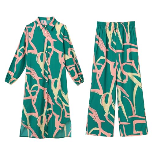 IDOPIP Abaya Dress for Women Muslim Set Long Sleeve Ramadan Islamic Dress Shirt with Pants 2PCS Dubai Prayer Casual Clothes - color: Green - Print, size: X-Large