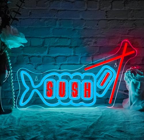 WLHOPE Sushi Fish Neon Sign Neon Signs for Wall Decor Sushi Blue Pink Neon Lights LED Sign for Sushi Shop Restaurant Hoom Kitchen Party Gifts - color: Sushi Fish