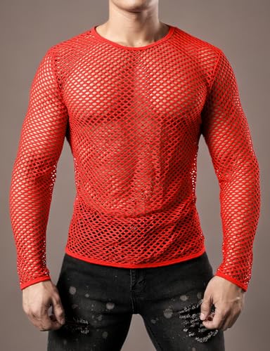 JOGAL Mens Fishnet Mesh Long Sleeve Shirt Fitted Muscle Top - color: Red, size: XX-Large