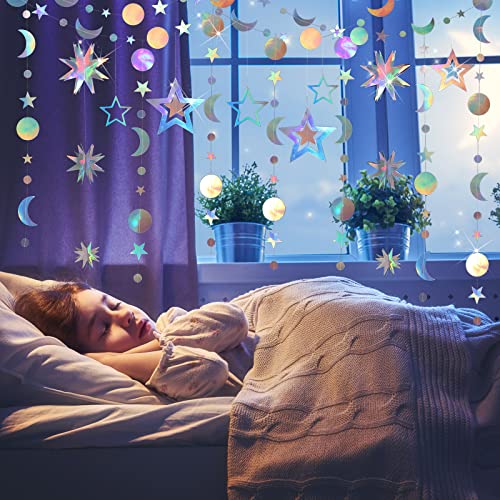 7 Pcs Iridescent Star Moon Garland Party Decorations Kit Hanging 3D Twinkle Little Star Streamer Bunting Banner Backdrop for Holiday Baby Shower Birthday Supplies