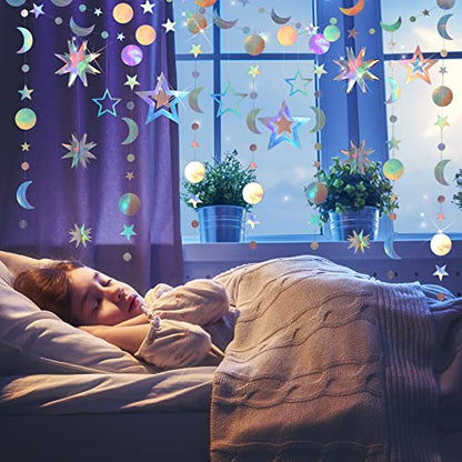 7 Pcs Iridescent Star Moon Garland Party Decorations Kit Hanging 3D Twinkle Little Star Streamer Bunting Banner Backdrop for Holiday Baby Shower Birthday Supplies