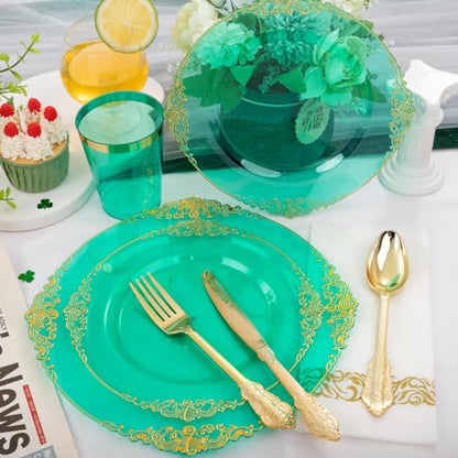 Hioasis 175pcs Clear Green Plastic Plates - Elegant Disposable Dinnerware Set Suitable for 25 Guests Include 10.25" Dinner & 7.5" Dessert Plates, Cutlery, Napkins, Cups for Party & St. Patrick's Day - color: Clear Green and Gold