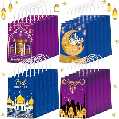 Yeaqee 24 Pcs Eid Mubarak Gift Bags Ramadan Party Favor Pouches Eid Goodie Bags with Handles Paper Wrappers Muslim Containers for Moon Holiday Party Supplies