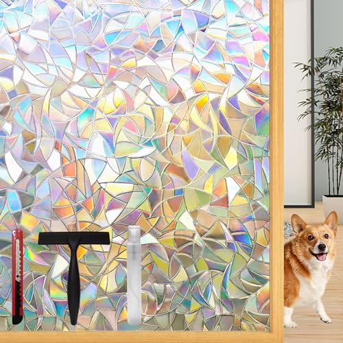 Lovepea Rainbow Window Privacy Film with Installation Tools, 3D Decorative, Stained Glass Decals, Removable, Peep-Proof, Static Cling, Heat Control, UV Protection (17.5 x 78.7 Inch) - color: Multicolor, size: 17.5 x 78.7 Inch