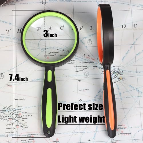 Ocim 2 Pack Magnifying Glass,75mm 10X Handheld Shatterproof Magnifier Lens with Non-Slip Rubber Handle for Seniors/Kids Reading & Science/Explore,Large