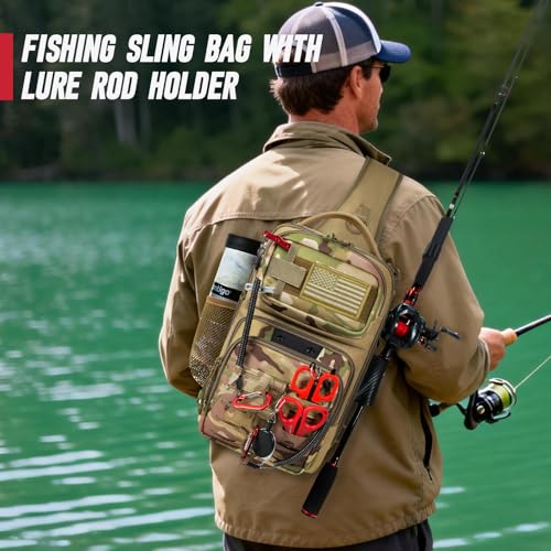 Fishing Sling Bag, Fishing Bag With Rod Holder Fixed Stickers, MOLLE System, Soft Bait & Gear Storage, Gift for Men, Khaki - color: Brown