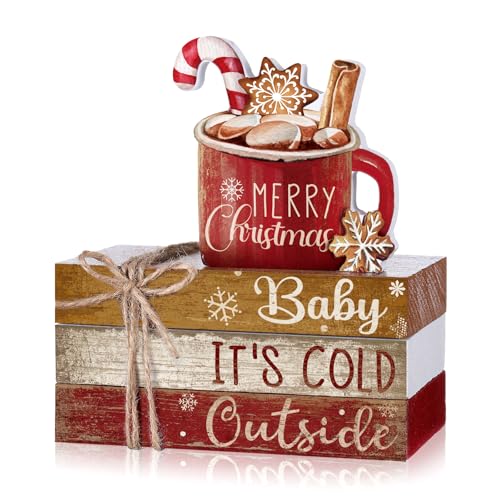 4 Pcs Christmas Table Decor Wooden Hot Cocoa Decoration Christmas Centerpiece Winter Tiered Tray Decor Decorative Red Hot Cocoa Block Signs Gift Farmhouse Xmas Decoration for Home Kitchen - style: Hot Cocoa
