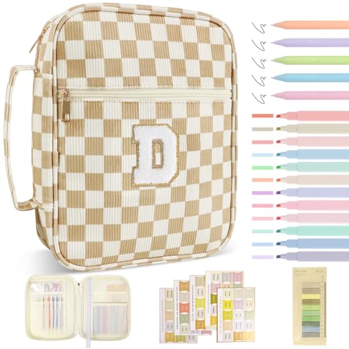 Personalized Initial Bible Cover Case for Women Girls Kid - Large Quilted Bible Case with Handle,Chenille Letter Bag Study Supplies,Christmas Gifts for Christians Birthday Graduation(Khaki-D) - color: Khaki, size: letter-D