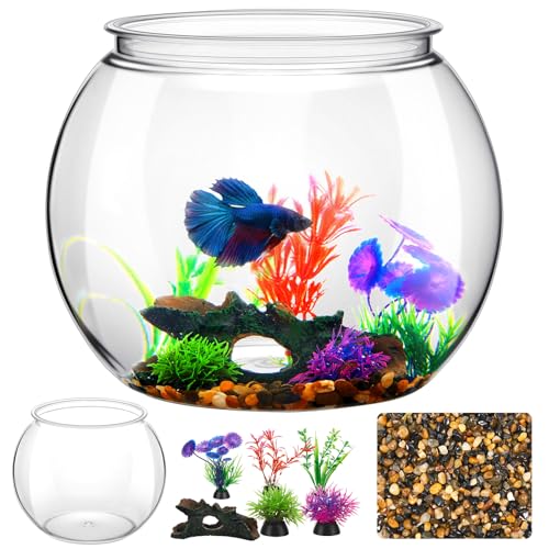 3 Gallon Plastic Betta Fish Bowl with 6 Pcs Artificial Plastic Plants and 500g Decorative Gravel, Betta Fish Tank and Decoration Accessories Small Large Bowl Ornaments Starter Kit - size: 3 Gallon