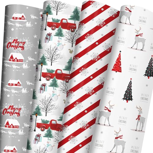 Cuitpan White Christmas Wrapping Paper Bundle for Kids Adults - Reindeer, Stripes, Woodlands, Snowflake, Red Truck Winter Scene Designs - 28 x 40 Inches, 6 Jumbo Sheets, Recycled - color: White-Christmas