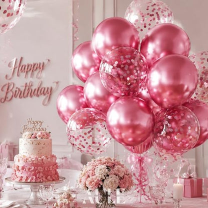 AULE Party Balloons Pack of 42 - Metallic Chrome Pink Balloons and Pink Confetti Latex Helium Balloons With 64ft Ribbons - 12 Inch Balloon Decoration Set - color: Pink
