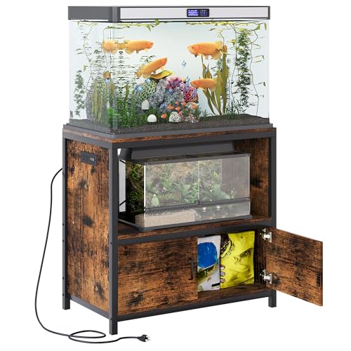 TQVAI 50-75 Gallon Fish Tank Stand with Power Outlets, Heavy Duty Aquarium Stand with Cabinet Storage Fish Tank Accessories, Large Reptile Terrarium Tank Stand, Black/Vintage - size: 50-75 Gallon