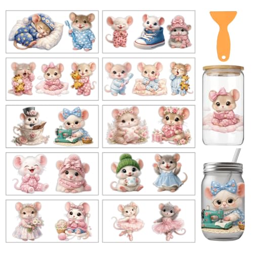 arricraft 10 Sheets Cartoon Mouse Theme UV DTF Cup Wrap for 16OZ Glass, Cute Old Mouse Rub on Decals PVC Transfer Stickers for DIY Cups Window Home Printing Decoration 24x11cm/9.4x4.3inch - style: Cartoon Mouse Theme
