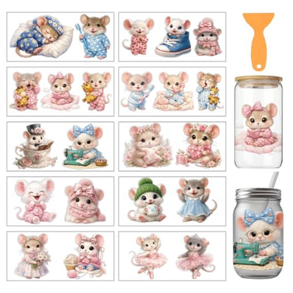 arricraft 10 Sheets Cartoon Mouse Theme UV DTF Cup Wrap for 16OZ Glass, Cute Old Mouse Rub on Decals PVC Transfer Stickers for DIY Cups Window Home Printing Decoration 24x11cm/9.4x4.3inch - style: Cartoon Mouse Theme