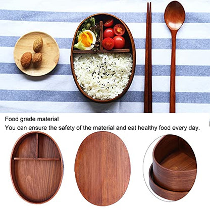 LIZEALUCKY Portable Bento Box, 7 inch Wooden Lunch Box, Adult Wooden Bento Box Handmade Natural Wooden Sushi Box Cutlery Bowl Food Container 3 Compartment Storage