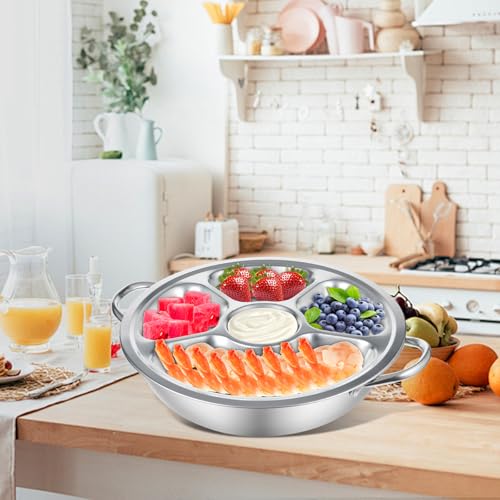 2 Set Shrimp Cocktail Serving Dish 11 Inch Stainless Steel Dip Chiller Serving Bowl, 2 5-Section Chilled Food Trays 2 Round Plate with Handle for Dinner Buffet Seafood Oysters Crawfish Veggie Fruit