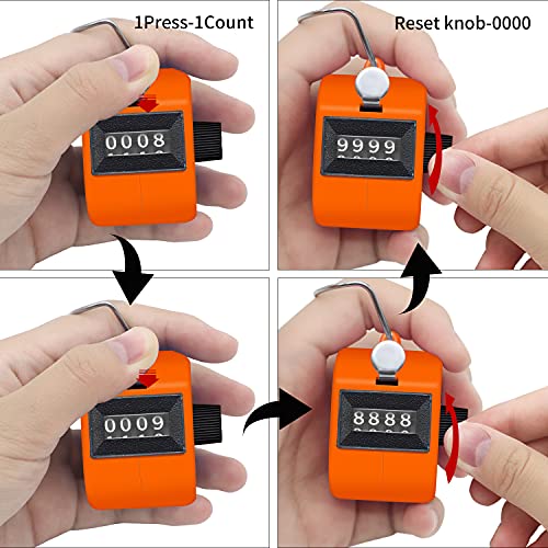 Eliamo 12 Pcs Hand Tally Counter 4-Digit Lap Counter Clicker, Manual Mechanical Handheld Pitch Click Counter with Finger Ring for School Golf & Knitting Row Croche - color: Orange