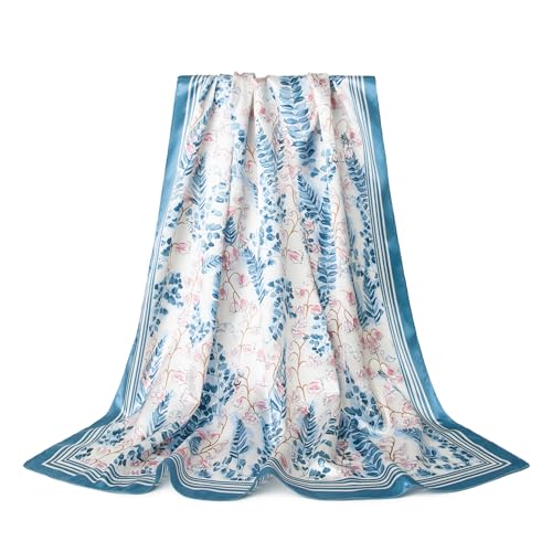 Silk-Feel 35x35 Satin Hair Scarf | Multi-Way Head Wrap for Sleep, Style & Hijab | Gift-Ready Fashion Scarf for Women - color: Blue-flowers