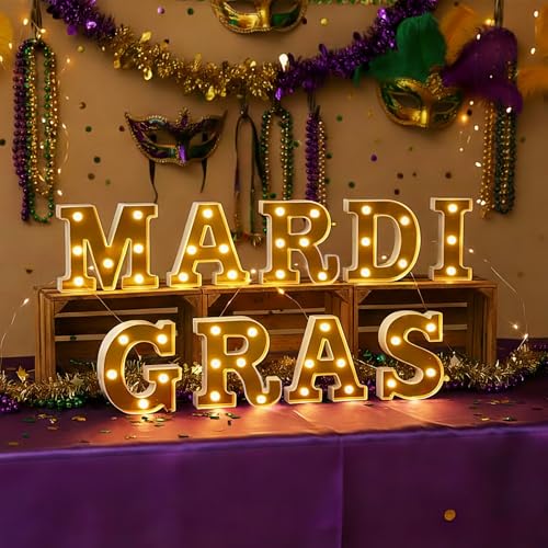 9Pcs Mardi Gras Light Up Letters, Mardi Gras LED Letters Lights, Battery Powered Marquee Light with Golden Mirror Surface for Mardi Gras Table Decorations Party - Mardi Gras Party Decor Table Centerpieces Wall Sign - color: MARDIGRAS