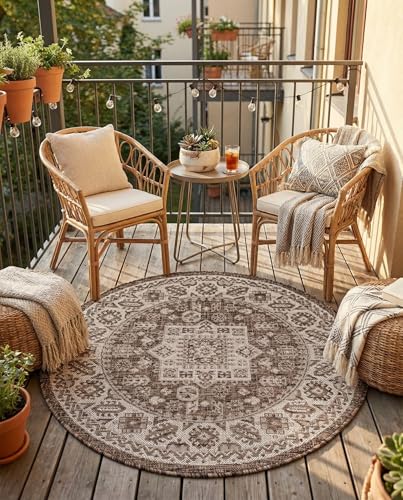 Rugs.com - Outdoor Aztec Rug – 3 Ft Round Brown Indoor/Outdoor Rug – Flatweave Tribal Design for Patio, Deck, and Porch - color: Brown, size: 3'3" (Round)